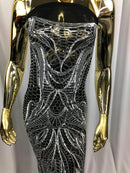Geometric Line Sequins 4 Way Stretch Fabric Silver on Black Mesh Quality Design Fabric By The Yard