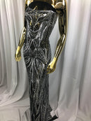 Geometric Line Sequins 4 Way Stretch Fabric Silver on Black Mesh Quality Design Fabric By The Yard
