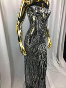 Geometric Line Sequins 4 Way Stretch Fabric Silver on Black Mesh Quality Design Fabric By The Yard