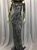 Geometric Line Sequins 4 Way Stretch Fabric Silver on Black Mesh Quality Design Fabric By The Yard
