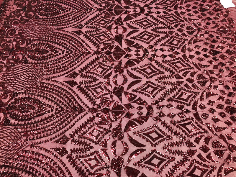 Geometric Patterns 4 Way Stretch Sequins Fabric Burgundy Sequins Fashion Fabric By The Yard