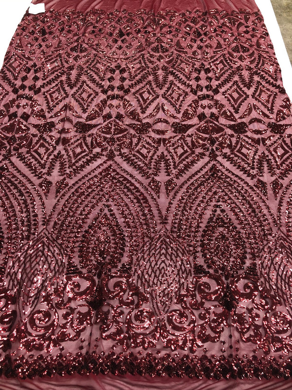 Geometric Patterns 4 Way Stretch Sequins Fabric Burgundy Sequins Fashion Fabric By The Yard