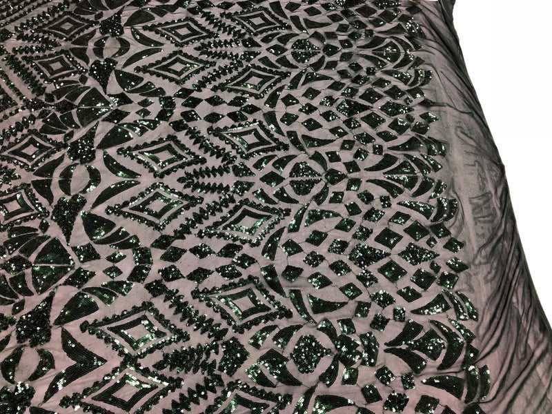 Geometric Patterns 4 Way Stretch Sequins Fabric Hunter Green Shiny Sequins Fashion Design By Yard