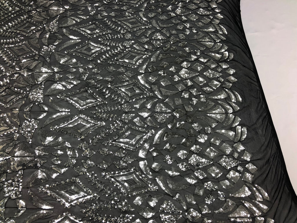 Geometric Patterns 4 Way Stretch Sequins Fabric Silver on Black Mesh S