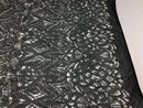 Geometric Patterns 4 Way Stretch Sequins Fabric Silver on Black Mesh Shiny Sequins Fashion By Yard