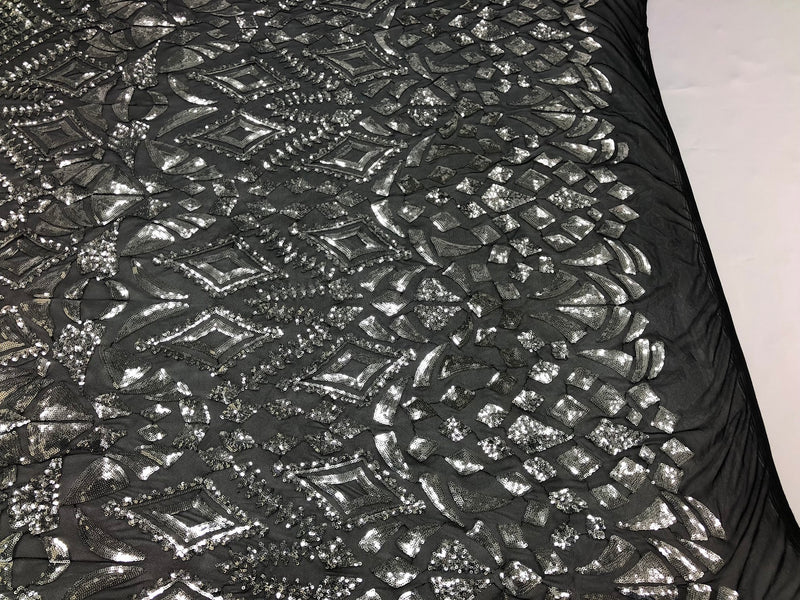 Geometric Patterns 4 Way Stretch Sequins Fabric Silver on Black Mesh Shiny Sequins Fashion By Yard