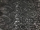 Geometric Patterns 4 Way Stretch Sequins Fabric Silver on Black Mesh Shiny Sequins Fashion By Yard