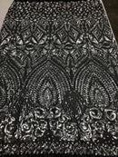 Geometric Patterns 4 Way Stretch Sequins Fabric Silver on Black Mesh Shiny Sequins Fashion By Yard