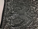 Geometric Patterns 4 Way Stretch Sequins Fabric Silver on Black Mesh Shiny Sequins Fashion By Yard