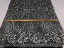 Geometric Patterns 4 Way Stretch Sequins Fabric Silver on Black Mesh Shiny Sequins Fashion By Yard