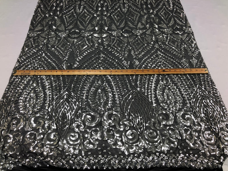 Geometric Patterns 4 Way Stretch Sequins Fabric Silver on Black Mesh Shiny Sequins Fashion By Yard
