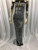 Geometric Patterns 4 Way Stretch Sequins Fabric Silver on Black Mesh Shiny Sequins Fashion By Yard