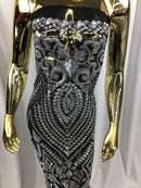 Geometric Patterns 4 Way Stretch Sequins Fabric Silver on Black Mesh Shiny Sequins Fashion By Yard