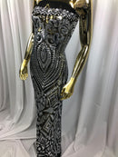 Geometric Patterns 4 Way Stretch Sequins Fabric Silver on Black Mesh Shiny Sequins Fashion By Yard