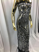 Geometric Patterns 4 Way Stretch Sequins Fabric Silver on Black Mesh Shiny Sequins Fashion By Yard