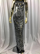 Geometric Patterns 4 Way Stretch Sequins Fabric Silver on Black Mesh Shiny Sequins Fashion By Yard