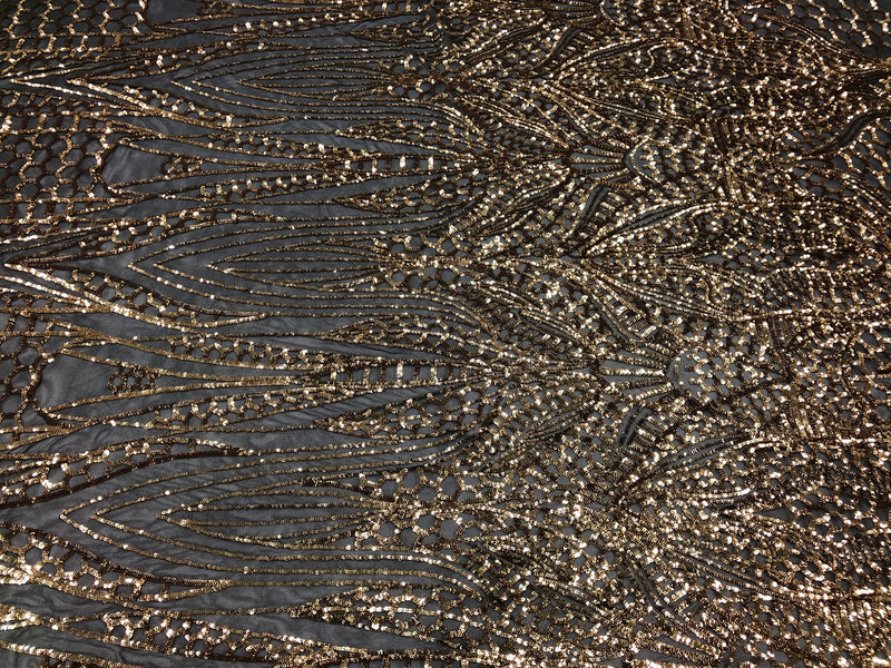 Geometric 4 Way Stretch Sequins Fabric - Gold on Black Mesh Sequins Design Fabric Sold by The Yard