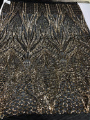 Geometric 4 Way Stretch Sequins Fabric - Gold on Black Mesh Sequins Design Fabric Sold by The Yard