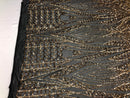 Geometric 4 Way Stretch Sequins Fabric - Gold on Black Mesh Sequins Design Fabric Sold by The Yard