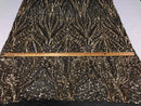 Geometric 4 Way Stretch Sequins Fabric - Gold on Black Mesh Sequins Design Fabric Sold by The Yard