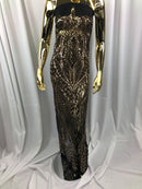 Geometric 4 Way Stretch Sequins Fabric - Gold on Black Mesh Sequins Design Fabric Sold by The Yard