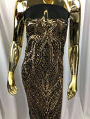 Geometric 4 Way Stretch Sequins Fabric - Gold on Black Mesh Sequins Design Fabric Sold by The Yard