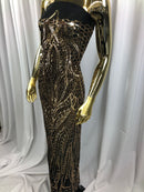 Geometric 4 Way Stretch Sequins Fabric - Gold on Black Mesh Sequins Design Fabric Sold by The Yard