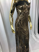 Geometric 4 Way Stretch Sequins Fabric - Gold on Black Mesh Sequins Design Fabric Sold by The Yard