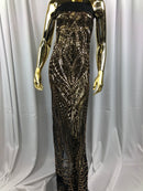 Geometric 4 Way Stretch Sequins Fabric - Gold on Black Mesh Sequins Design Fabric Sold by The Yard