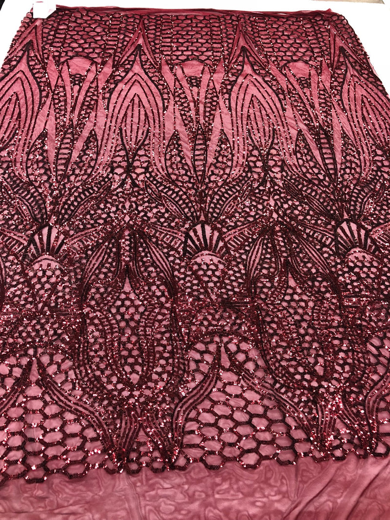 Geometric 4 Way Stretch Sequins Fabric - Burgundy - Sequins Design Fabric Sold by The Yard