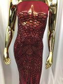 Geometric 4 Way Stretch Sequins Fabric - Burgundy - Sequins Design Fabric Sold by The Yard