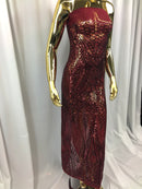 Geometric 4 Way Stretch Sequins Fabric - Burgundy - Sequins Design Fabric Sold by The Yard