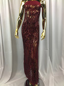Geometric 4 Way Stretch Sequins Fabric - Burgundy - Sequins Design Fabric Sold by The Yard