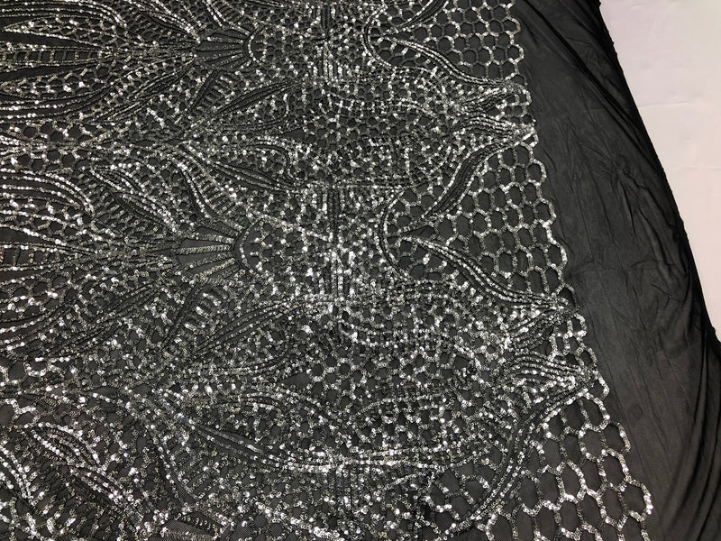 Geometric 4 Way Stretch Sequins Fabric - Silver on Black Mesh - Sequins Fabric Sold by The Yard