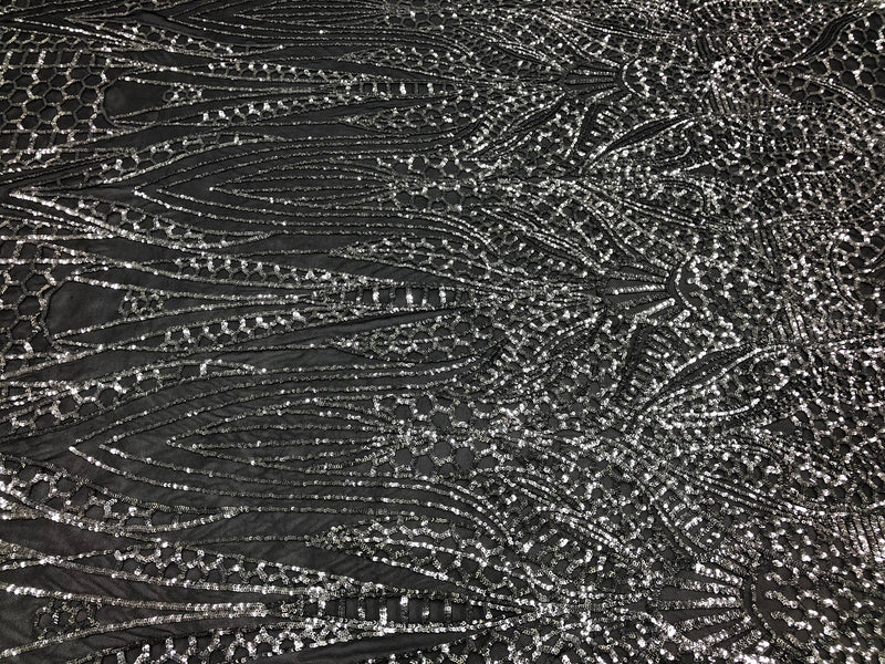 Geometric 4 Way Stretch Sequins Fabric - Silver on Black Mesh - Sequins Fabric Sold by The Yard