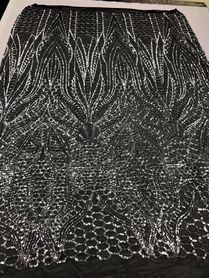 Geometric 4 Way Stretch Sequins Fabric - Silver on Black Mesh - Sequins Fabric Sold by The Yard