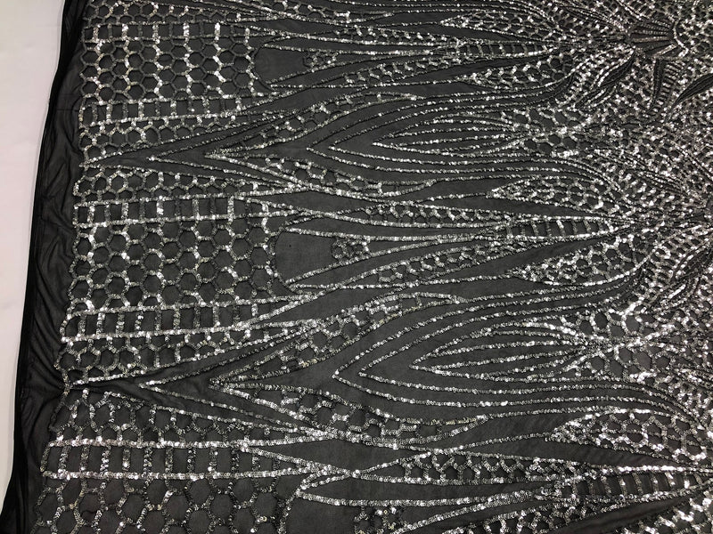 Geometric 4 Way Stretch Sequins Fabric - Silver on Black Mesh - Sequin