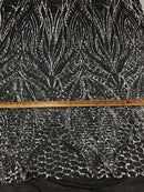 Geometric 4 Way Stretch Sequins Fabric - Silver on Black Mesh - Sequins Fabric Sold by The Yard