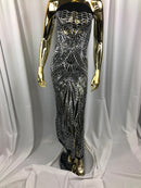 Geometric 4 Way Stretch Sequins Fabric - Silver on Black Mesh - Sequins Fabric Sold by The Yard