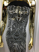 Geometric 4 Way Stretch Sequins Fabric - Silver on Black Mesh - Sequins Fabric Sold by The Yard