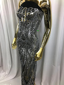 Geometric 4 Way Stretch Sequins Fabric - Silver on Black Mesh - Sequins Fabric Sold by The Yard