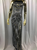Geometric 4 Way Stretch Sequins Fabric - Silver on Black Mesh - Sequins Fabric Sold by The Yard
