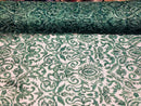Hunter Green Beaded Fabric Embroidered On A Mesh Fancy Dresses Fabric Sold By The Yard