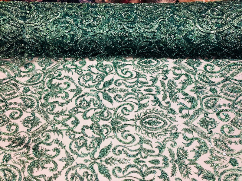Hunter Green Beaded Fabric Embroidered On A Mesh Fancy Dresses Fabric Sold By The Yard