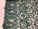 Hunter Green Beaded Fabric Embroidered On A Mesh Fancy Dresses Fabric Sold By The Yard