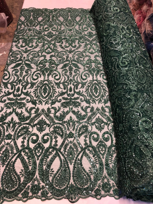 Hunter Green Beaded Fabric Embroidered On A Mesh Fancy Dresses Fabric Sold By The Yard