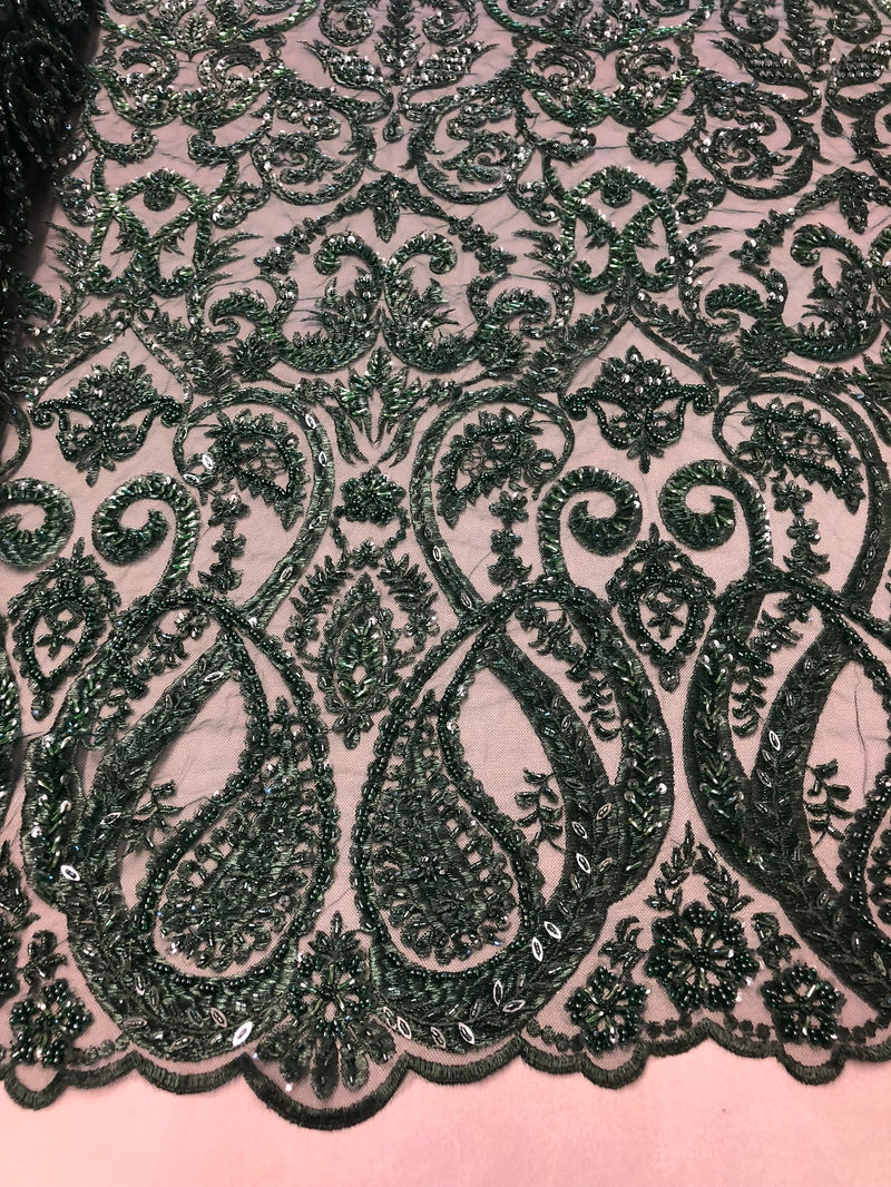 Hunter Green Beaded Fabric Embroidered On A Mesh Fancy Dresses Fabric Sold By The Yard
