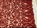 Red Beaded Fabric Embroidered On A Mesh Fancy Dresses Fabric Sold By The Yard