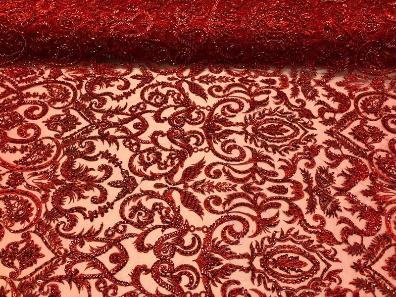 Red Beaded Fabric Embroidered On A Mesh Fancy Dresses Fabric Sold By The Yard