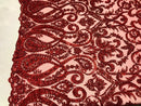 Red Beaded Fabric Embroidered On A Mesh Fancy Dresses Fabric Sold By The Yard